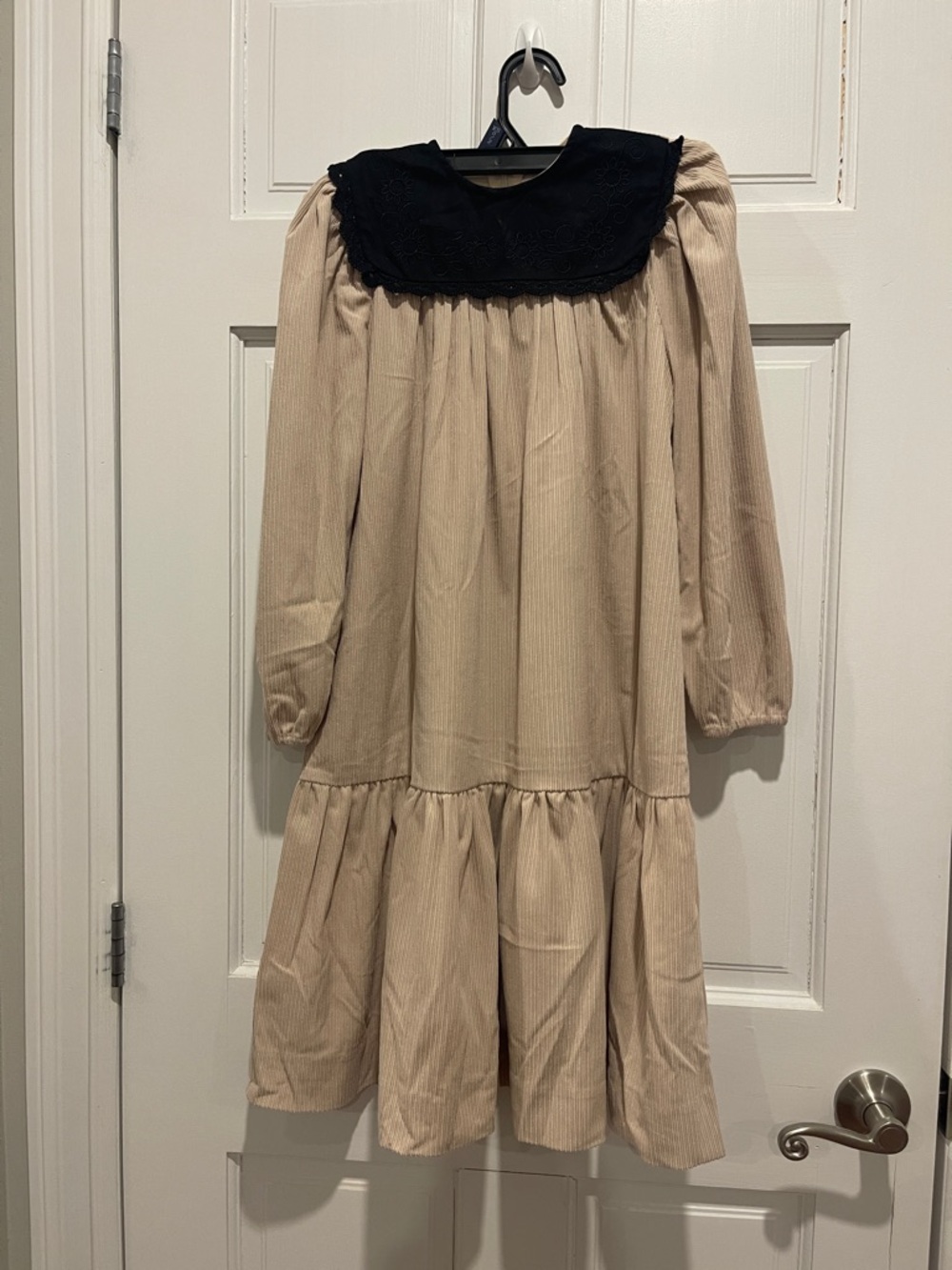 Beige Long-Sleeve Girls' Dress with Black Peter Pan Collar